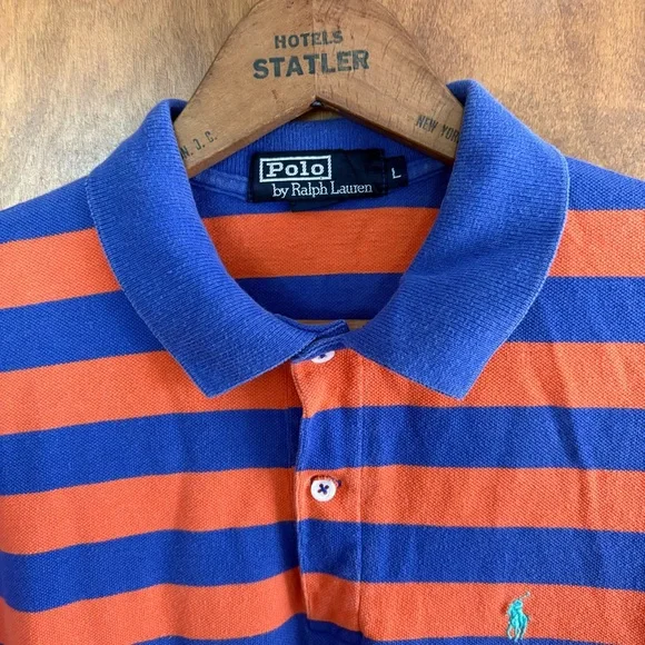 Polo by Ralph Lauren Men's Orange and Blue Striped Polo Shirt Y2K Vintage Rugby - Picture 7 of 16